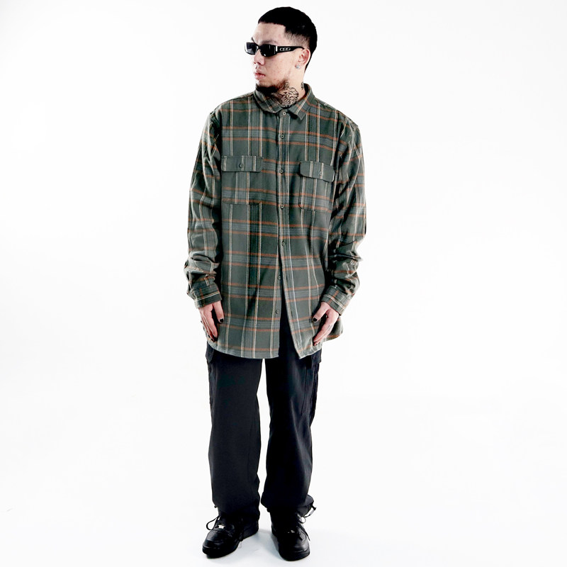 街头复古墨西哥chicano基础款宽松加厚重磅休闲嘻哈格子长袖衬衫
