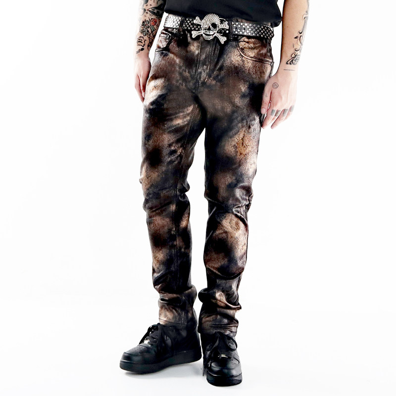 欧美复古hiphop机车金属豹纹青年紧身高街重工秋季拉链休闲长裤