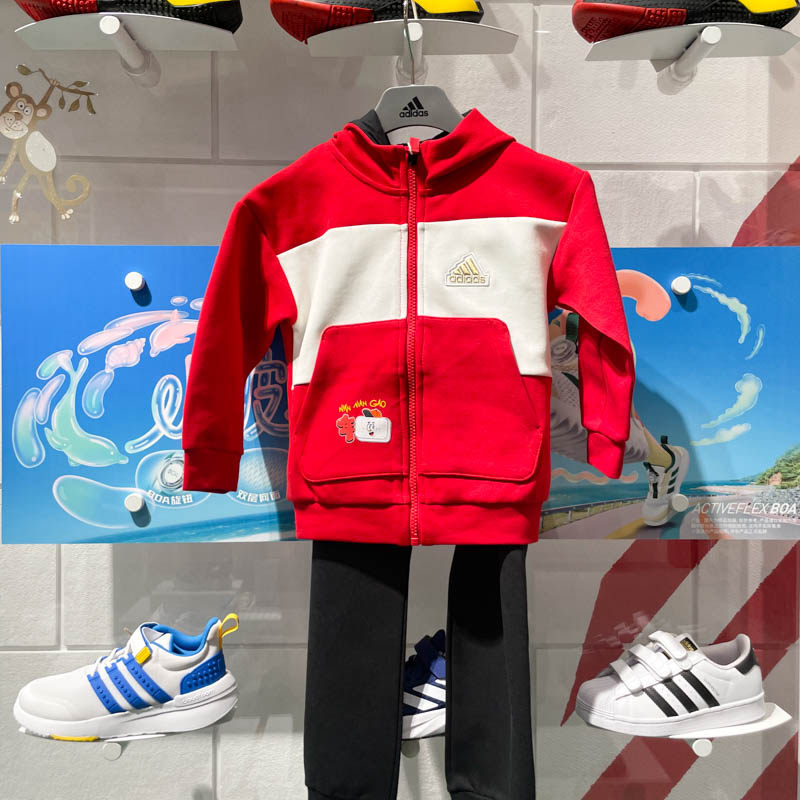 阿迪达斯男女童2024春季新款龙年运动休闲连帽长袖针织套装JF3881