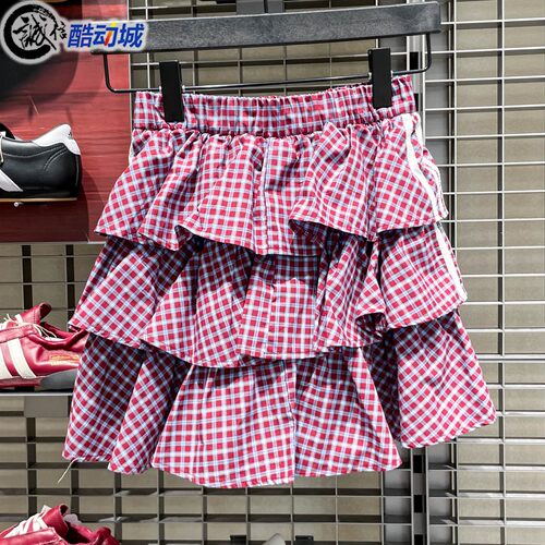 阿迪达斯三叶草女子2026夏季运动休闲格子百褶蛋糕裙半身裙KU9399