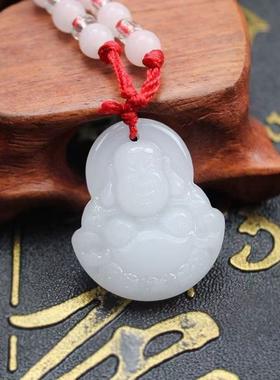 乳白色玻璃笑脸大肚弥勒佛吊坠女带佛编制红绳可调节本命佛简约