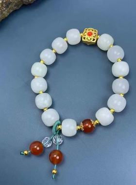 新款和田玉如意显白宫典国潮拼色圆珠手串新中式清新好看细腻油润