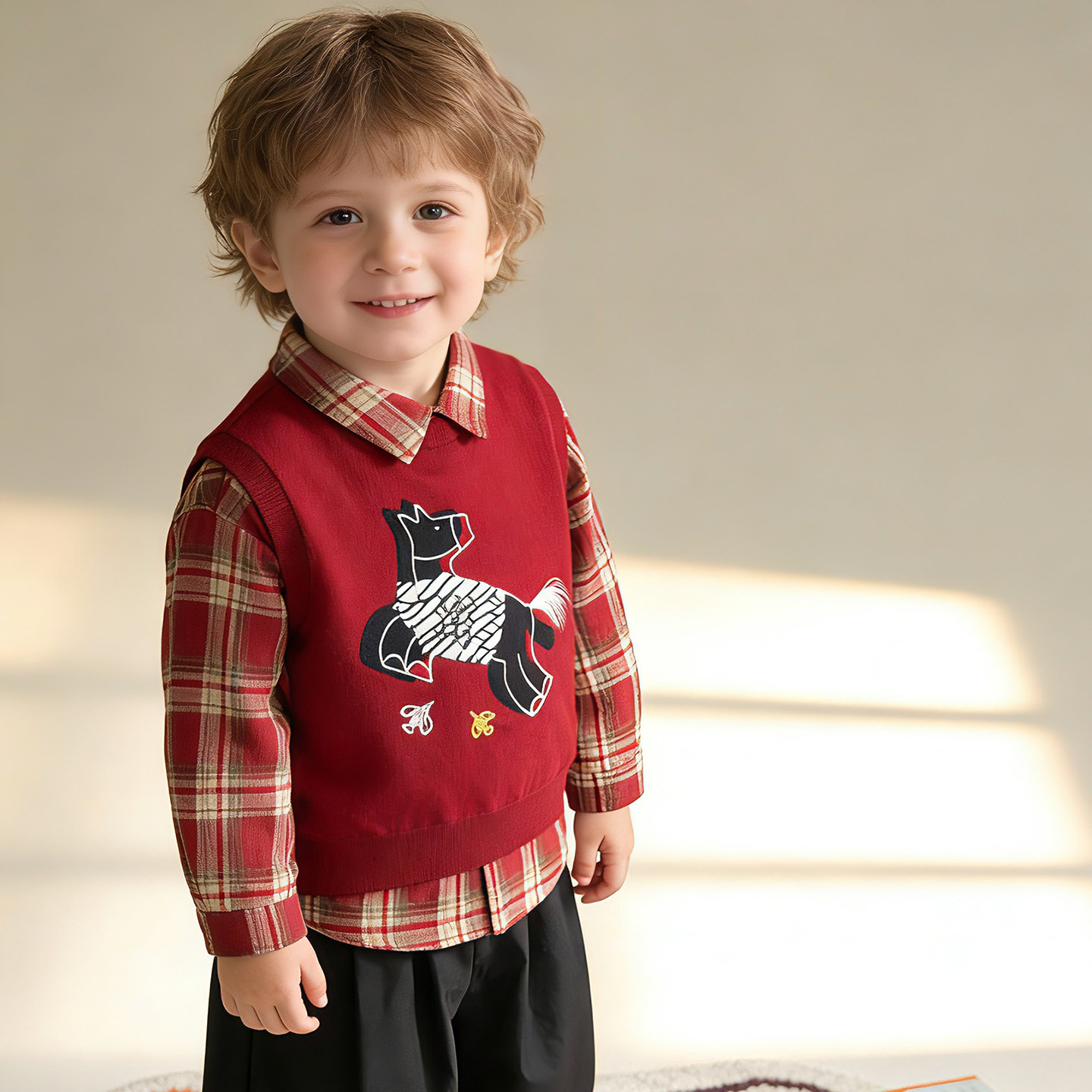 新款春季男童限量新款毛衣背心+格子衬衫+束脚裤三件套80-140码