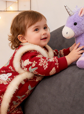 溯格冬季喜庆红色满月宝宝衣服拜年服厚款a类夹棉婴儿连体衣