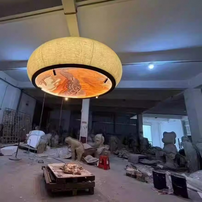 复古中式餐厅酒店宴会厅吊灯布艺灯罩圆形灯具原创设计文艺装饰灯