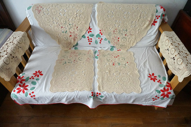 手工钩花长沙发盖布外单满工手钩沙发靠背扶手巾6件套