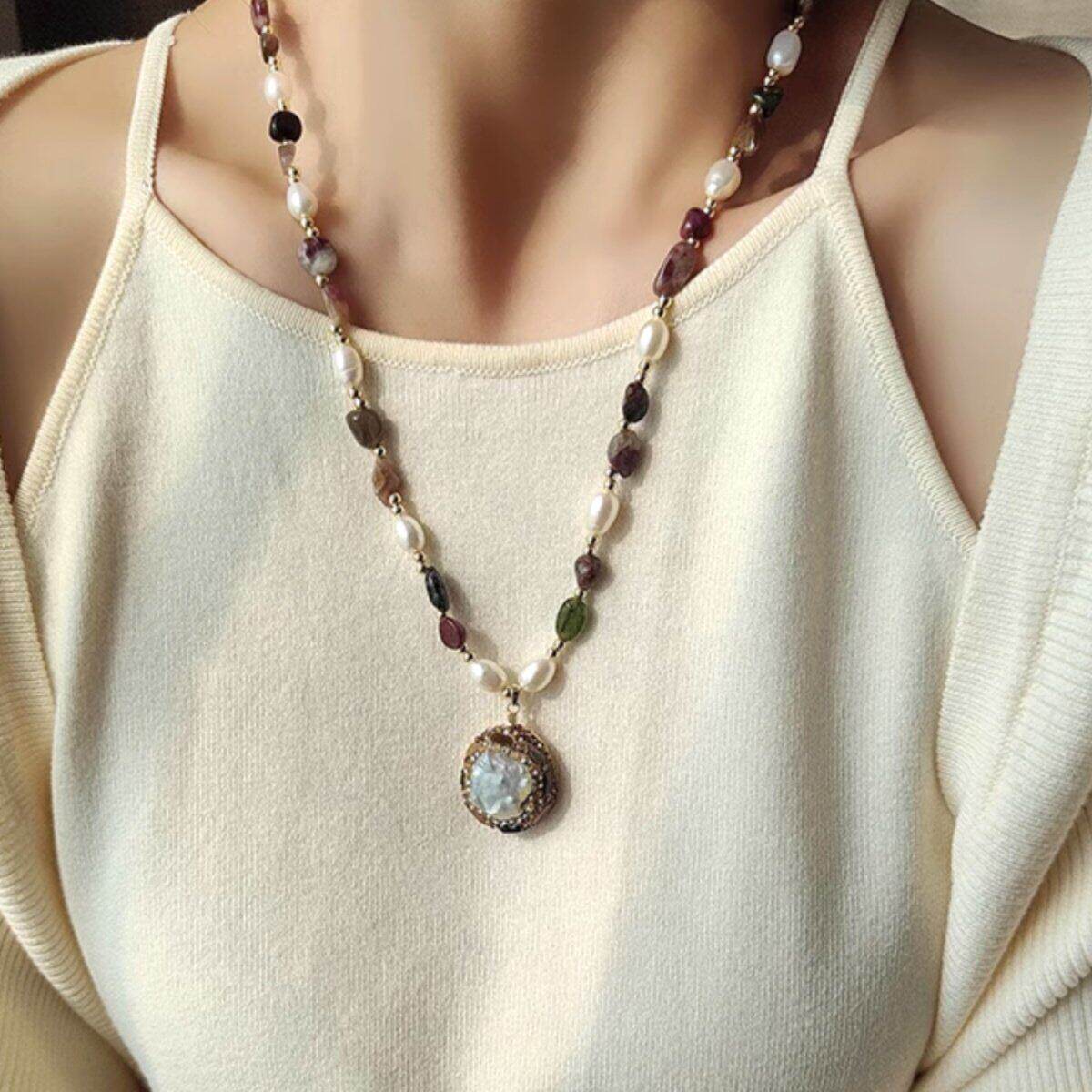 轻奢中古天然巴洛克珍珠毛衣链高级感气质项链女复古碧玺毛衣链