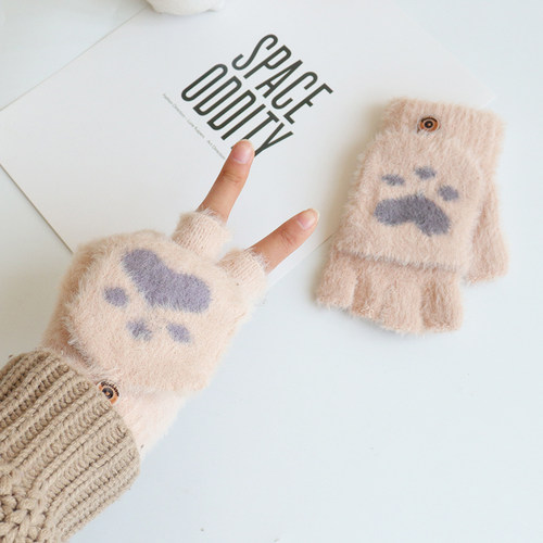 保暖手套儿童可爱毛绒翻盖手套女孩冬季保暖加绒加厚卡通半指手套