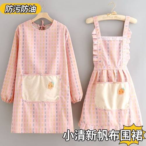 时尚帆布长袖围裙女士厨房做饭防污透气大口袋工作服家用加厚罩衣
