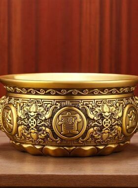 黄铜狮头聚宝盆 百福缸香炉摆件铜器金属工艺品内有金蟾