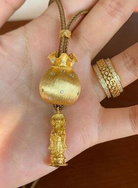 复古新中式拉丝福袋财神棕绳铜镀金项链吊坠时尚两戴设计感锁骨链