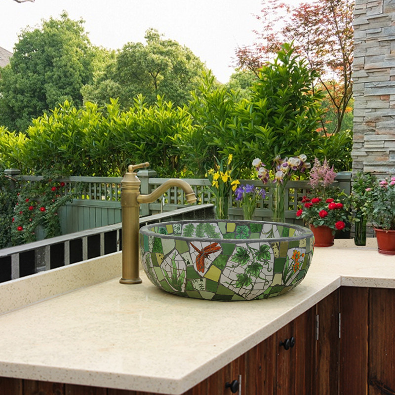 玫瑰小镇 美式田园高端庭院阳台露台洗手盆洗嗽盆彩绘马赛克摆件