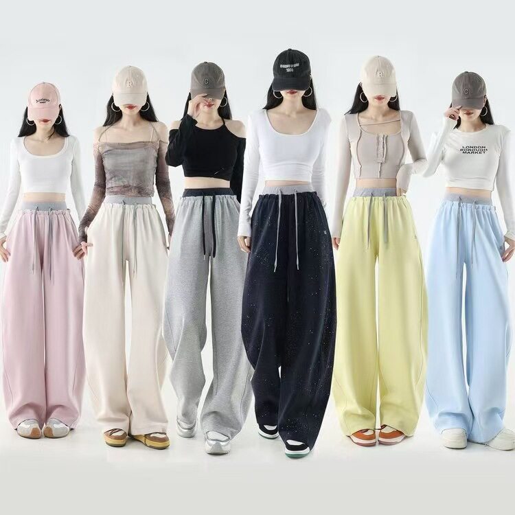 正品慵懒风蓝色休闲运动裤女秋季新款简约宽松显瘦微喇卫裤子