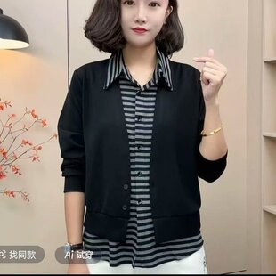 衬衫 潮流条纹翻领假两件上衣拼接长袖 上衣 气质新款 正品