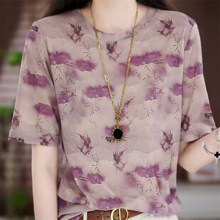 时尚 新款 圆领印花中袖 薄款 正品 T恤上衣女装 2026夏季