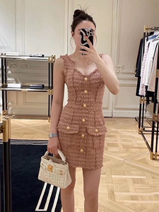 BALMAN/巴尔曼吉娜小香风高版本粗花呢粉色连衣裙收腰吊带裙子女