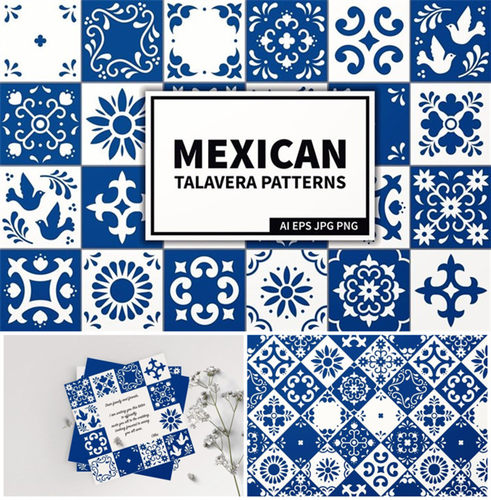 A0709矢量AI设计素材 墨西哥Talavera塔拉韦拉陶瓷风格瓷砖花纹图