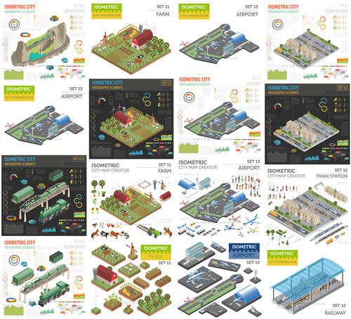 A0799矢量AI设计素材 可视化轴测图信息图农场飞机场地铁站火车站