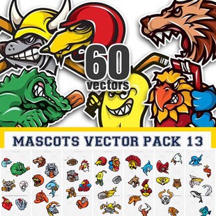 A0249矢量AI设计素材 60个卡通强势凶狠动物表情头像logo插画图