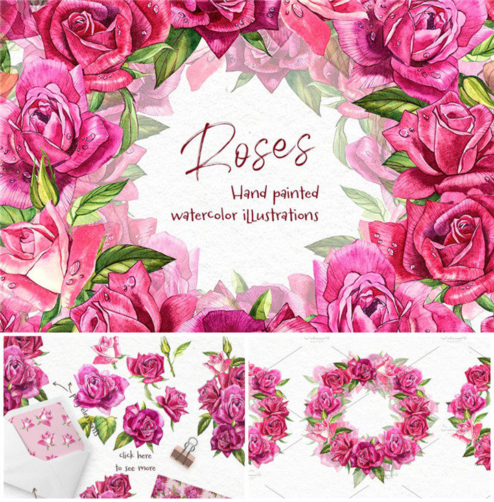 p0255高清ps设计素材 水彩红玫瑰背景花环装饰插画png
