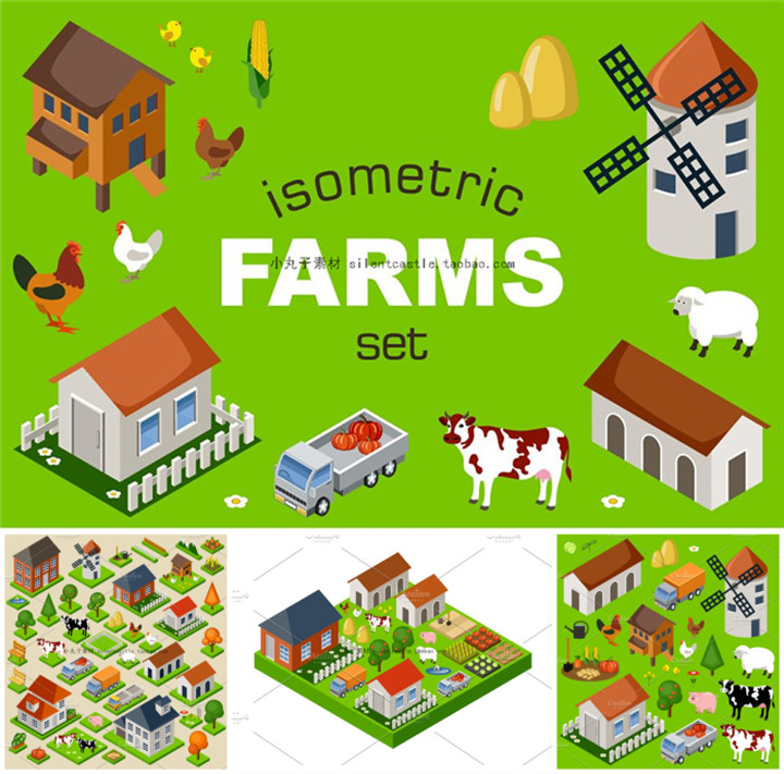 A0655矢量AI设计素材 扁平化轴测图isometric农场动物蔬菜田场景