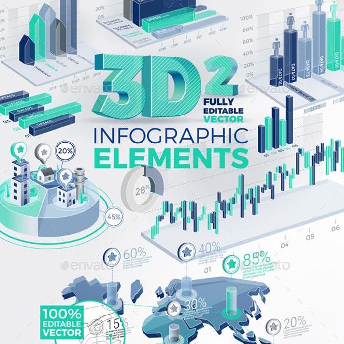 A0094矢量AI设计素材 3D轴测图风格数据可视化信息图表柱状图+psd