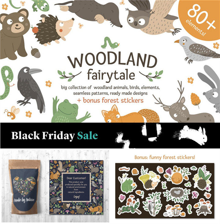 A0699矢量AI设计素材卡通森林动物四方连续青蛙狐狸蛇蘑菇松果png