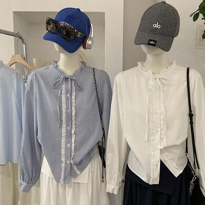 韩系内搭蕾丝花边拼接蓝色条纹衬衫女早春季新款温柔系带白色衬衣