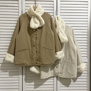 简约日杂风厚实保暖毛毛外套棉衣棉服女配围脖两面穿宽松加绒加厚