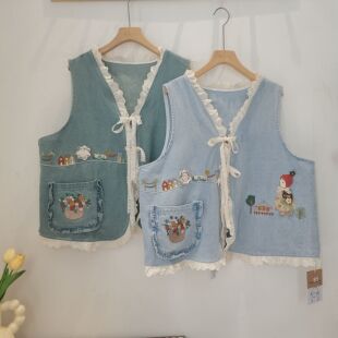 森系童趣复古绣花花边系带牛仔马甲背心2025春季外穿做旧百搭上衣