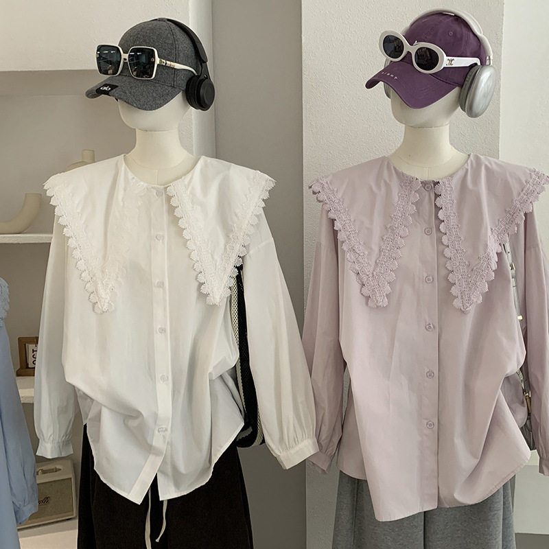 法式蕾丝花边大娃娃领长袖衬衫宽松大码中长款女春装新款外穿显瘦