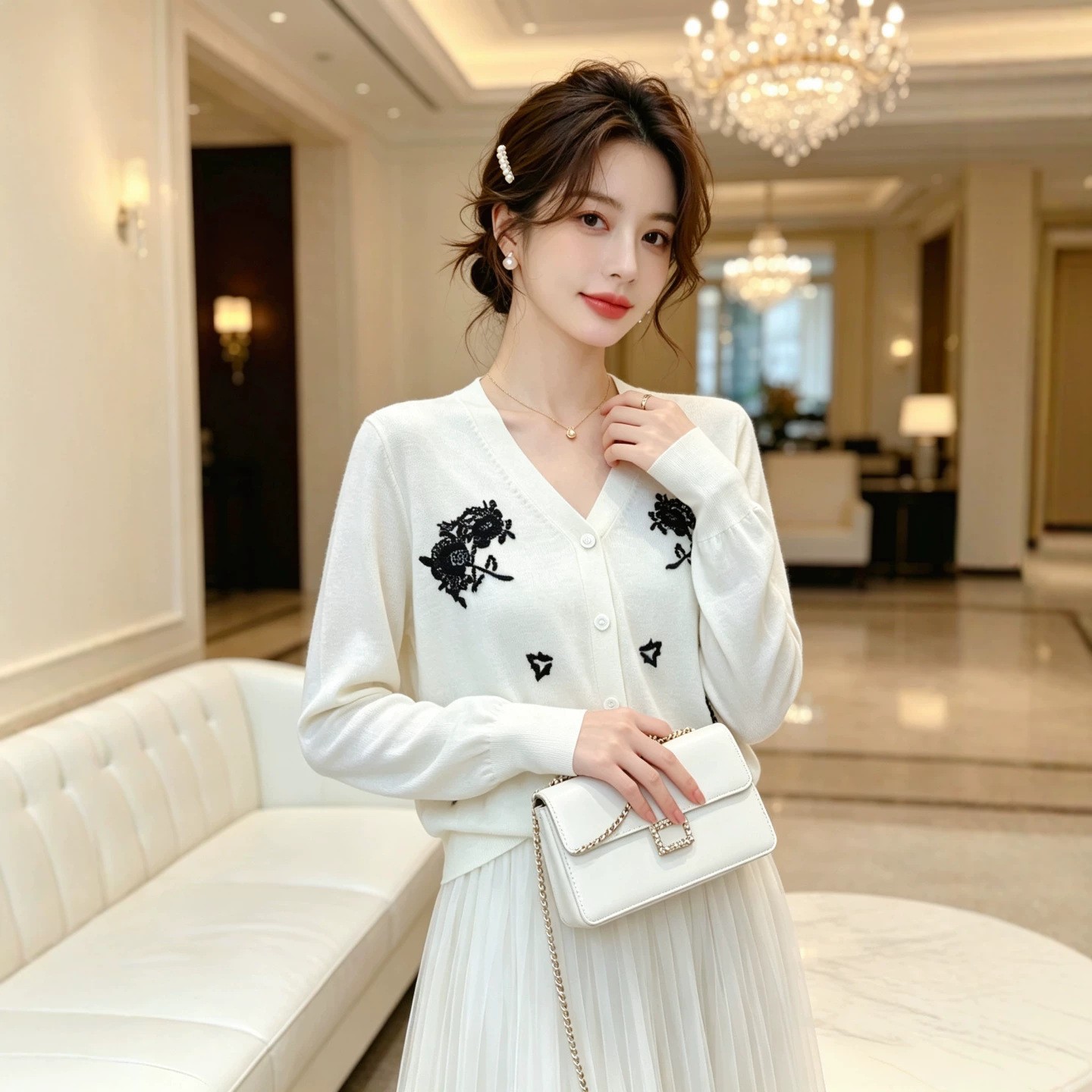 法式小香风撞色花卉刺绣针织开衫女早秋V领单排扣显瘦薄毛衣外套