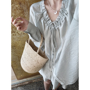 钱美西天丝亚麻环葆酵洗对丝抽褶夏季薄款防晒蓝色衬衫短裤套装女