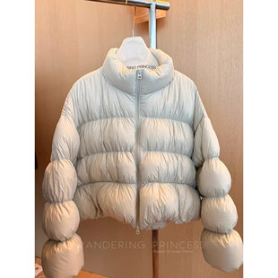 钱美西 95白鹅绒无缝直冲750蓬防跑绒羽绒服立领抽褶立裁短面包服