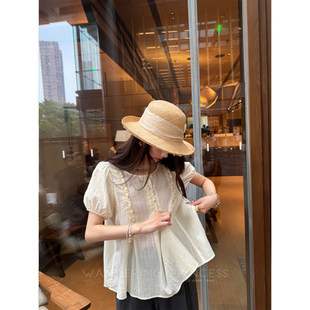 钱美西 白色夏季薄款法式木耳边衬衫宽松显瘦纯棉娃娃衫上衣女