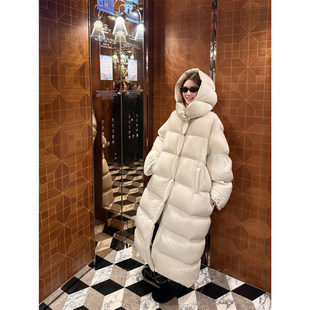 钱美西 650g95白鹅绒无缝直冲750蓬防跑绒大被子连帽超长款羽绒服