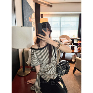 钱美西 斜肩不规则条纹T恤女凉感水洗棉休闲宽松上衣设计感短袖t