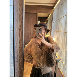 钱美西 不扎人de手工钩花羊驼毛重工镂空针织衫秋慵懒宽松V领上衣