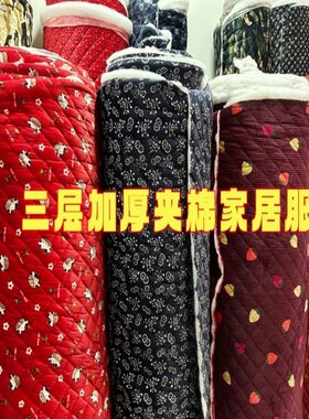 秋冬新款夹棉三层加厚珊瑚绒法兰绒水貂绒家居服棉睡衣服装布料更
