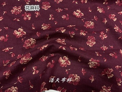 紫红色花亚棉麻面料有骨感上衣裤子连衣裙套装连身裙外套服装布料