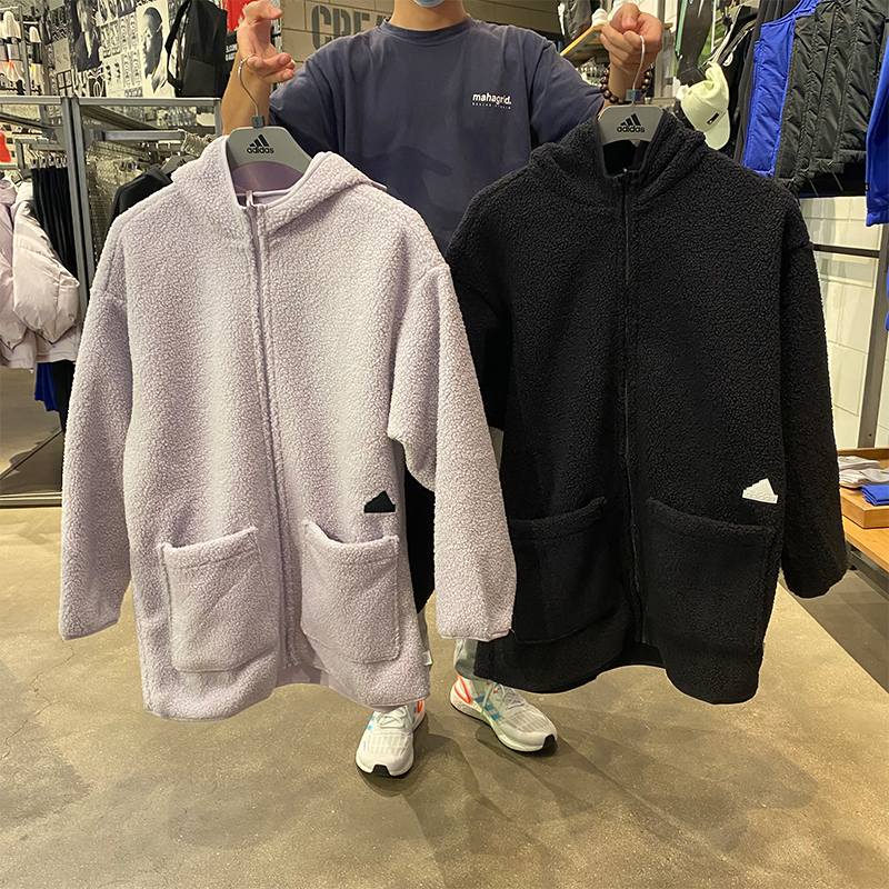 Adidas/阿迪达斯女子2022新款羊羔保暖绒双面穿中长款外套HM2841