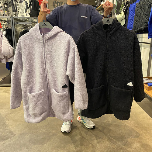 Adidas/阿迪达斯女子2022新款羊羔保暖绒双面穿中长款外套HM2841