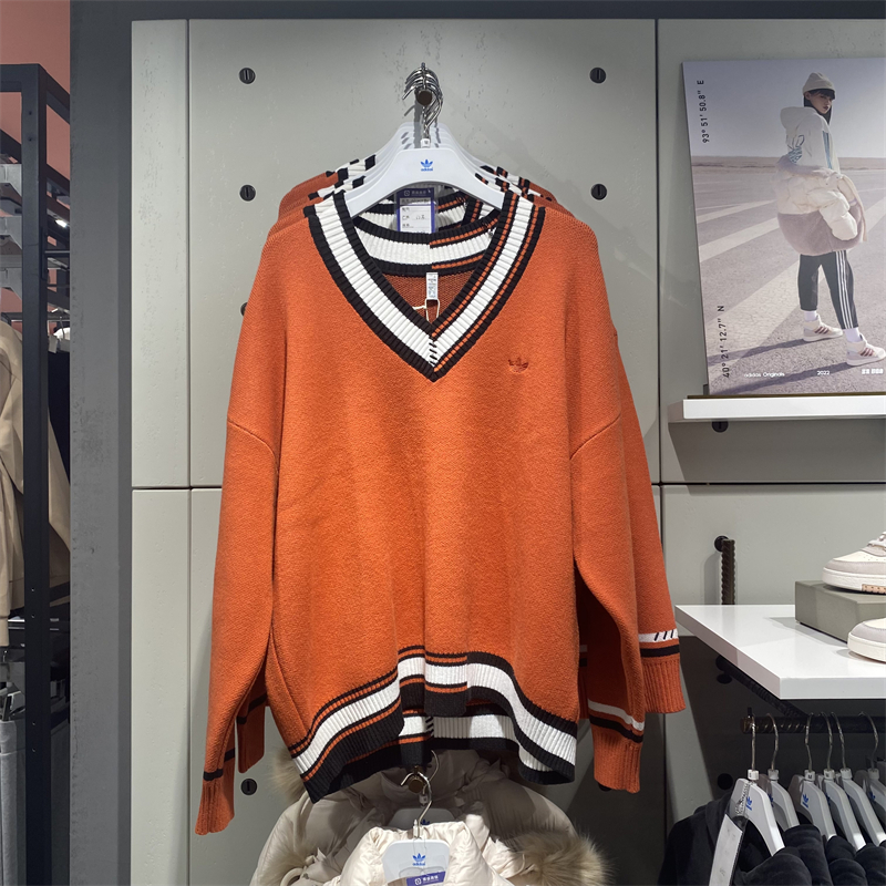 正品Adidas/阿迪达斯三叶草女子款V领运动休闲针织套头衫 HS9520