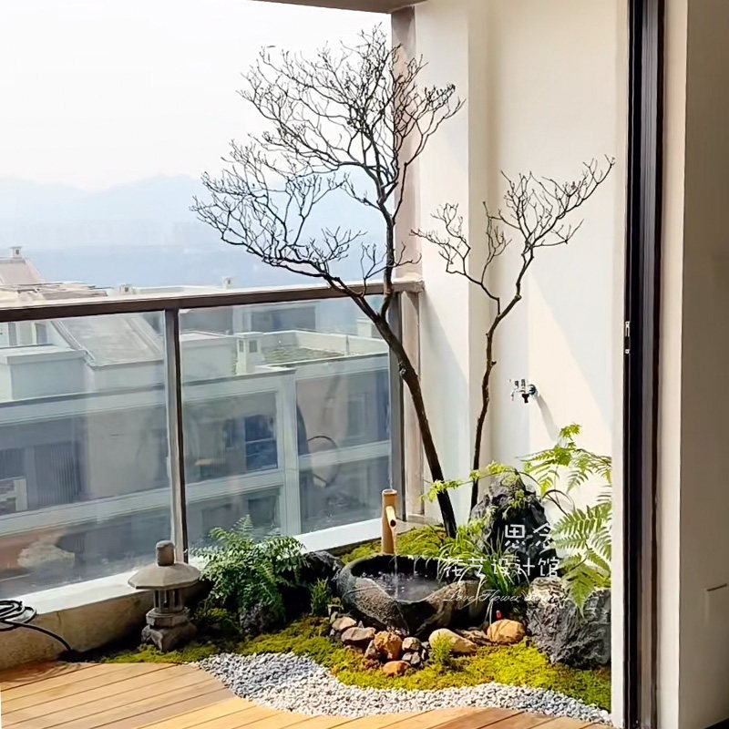 阳台造景景观绿植室内装饰大型落地盆栽流水创意售楼处样板房枯枝