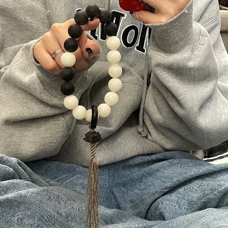 小红书天然药珀手链白玉菩提根手持手捻黑檀莲花跑环国风手串佛珠