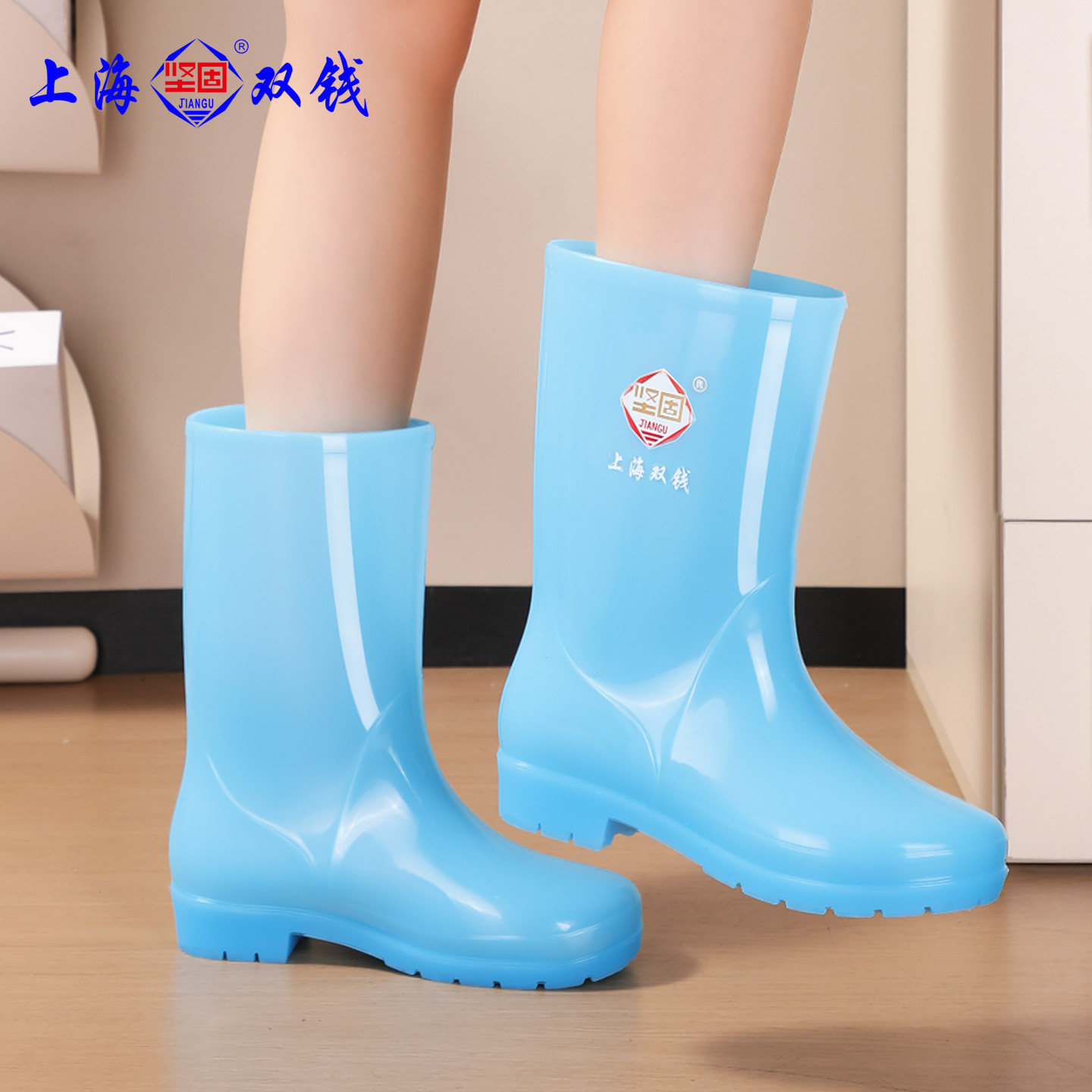 新款双钱环保料透明果冻水鞋中筒防滑加棉速干无布防水鞋女士雨靴