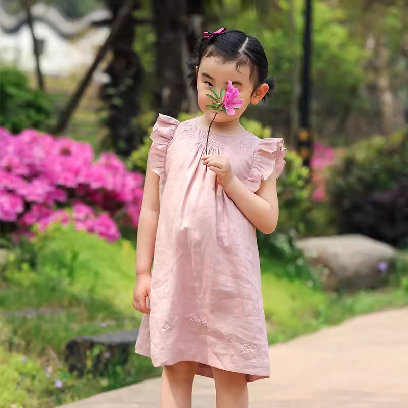 女童连衣裙夏季亚麻童装女童公主裙小童宝宝洋气儿童小清新中长裙