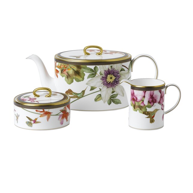 英制 高端 手绘Wedgwood蜂鸟兰花白色骨瓷欧式茶壶糖奶三件套组合
