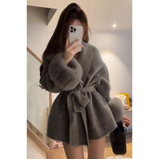 灰色短款毛毛袖千金外套毛呢大衣女秋冬新款高级感小个子呢子外套
