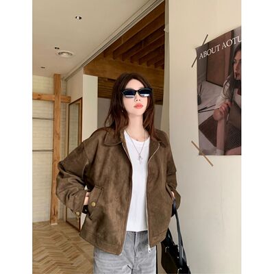 棕色仿麂皮绒短外套秋女短款外套